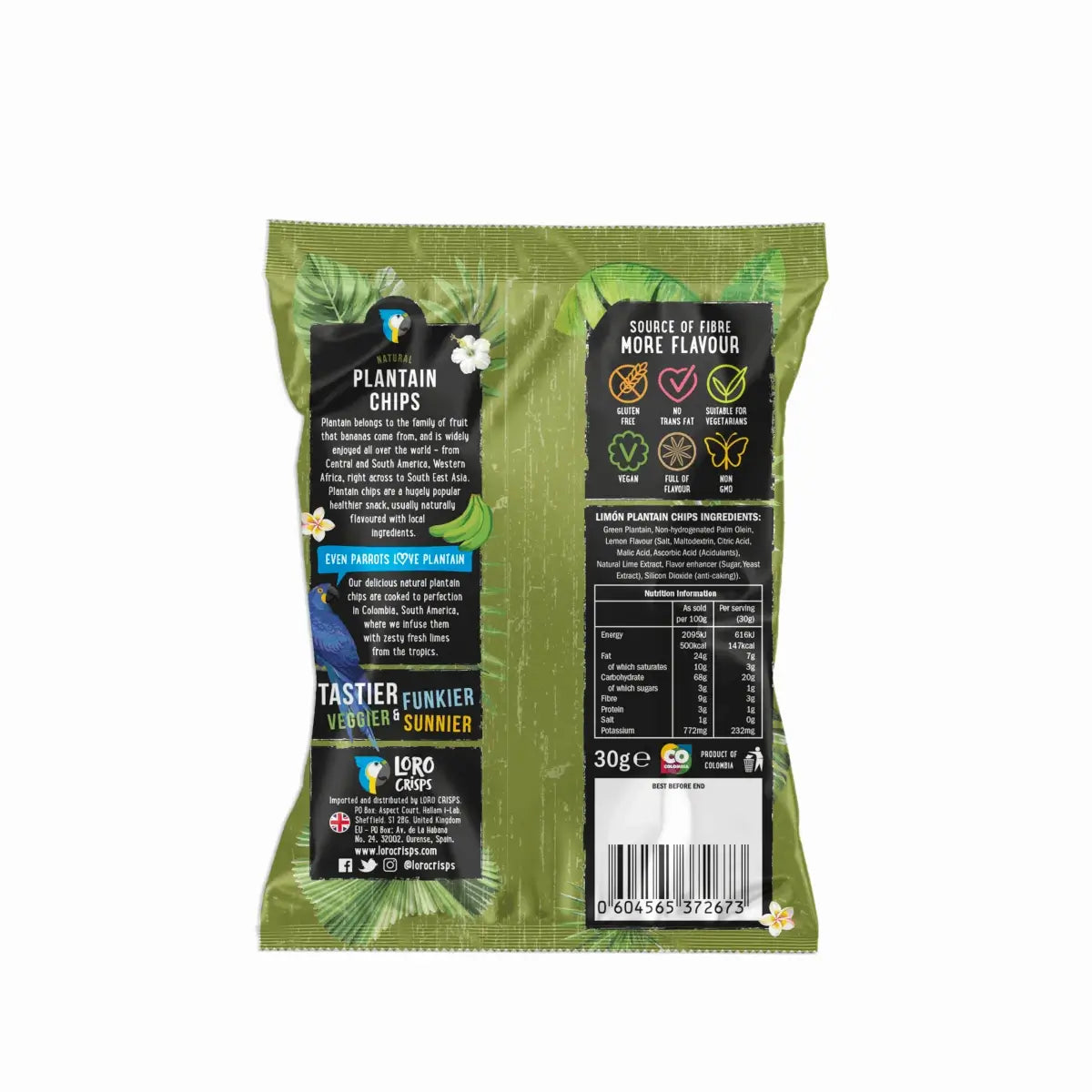 Loro Crisps Quimbaya Limon Plantain Chips 30g - Case of 20 Back of Packet