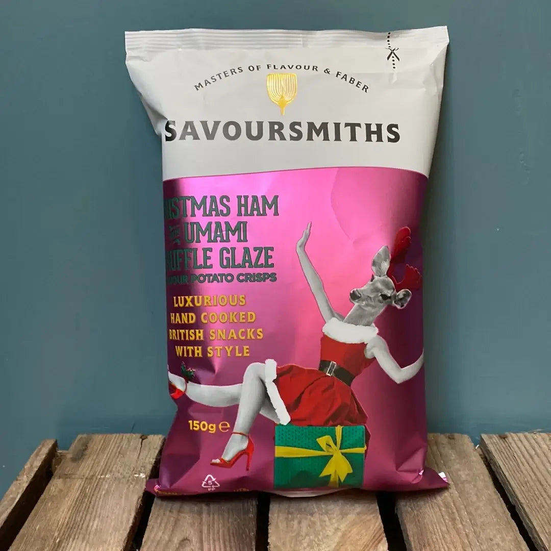 Savoursmiths - Christmas Ham with Truffle Glaze Luxury Potato Crisps 24 x 40g on a wooden pallet