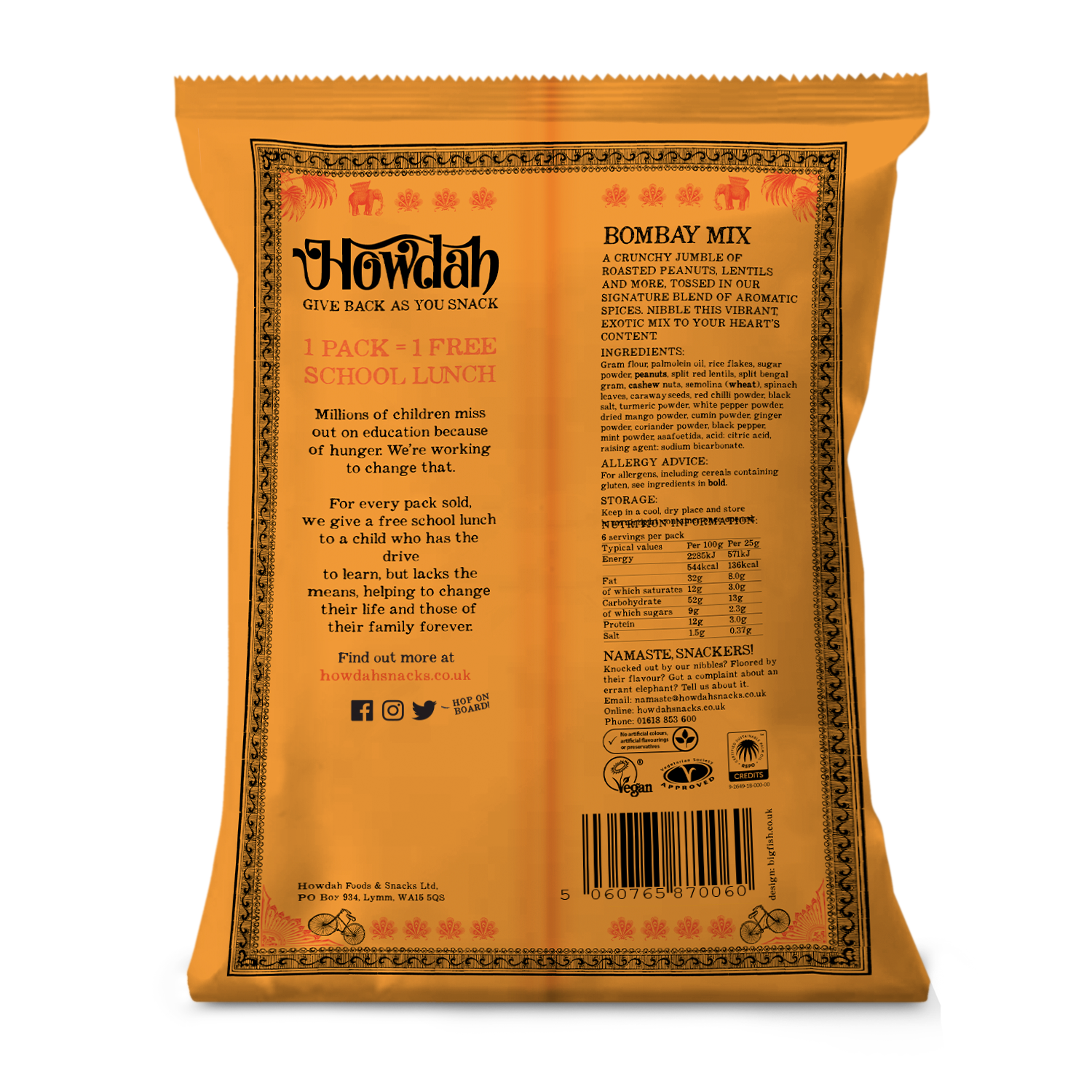 Back of a Howdah Bombay Mix packet with text and branding.