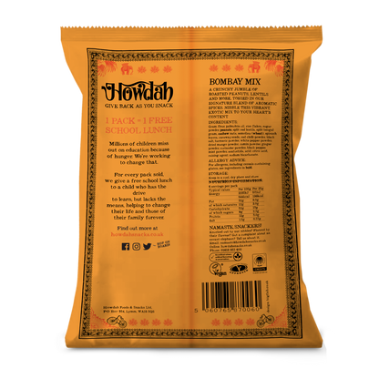 Back of a Howdah Bombay Mix packet with text and branding.