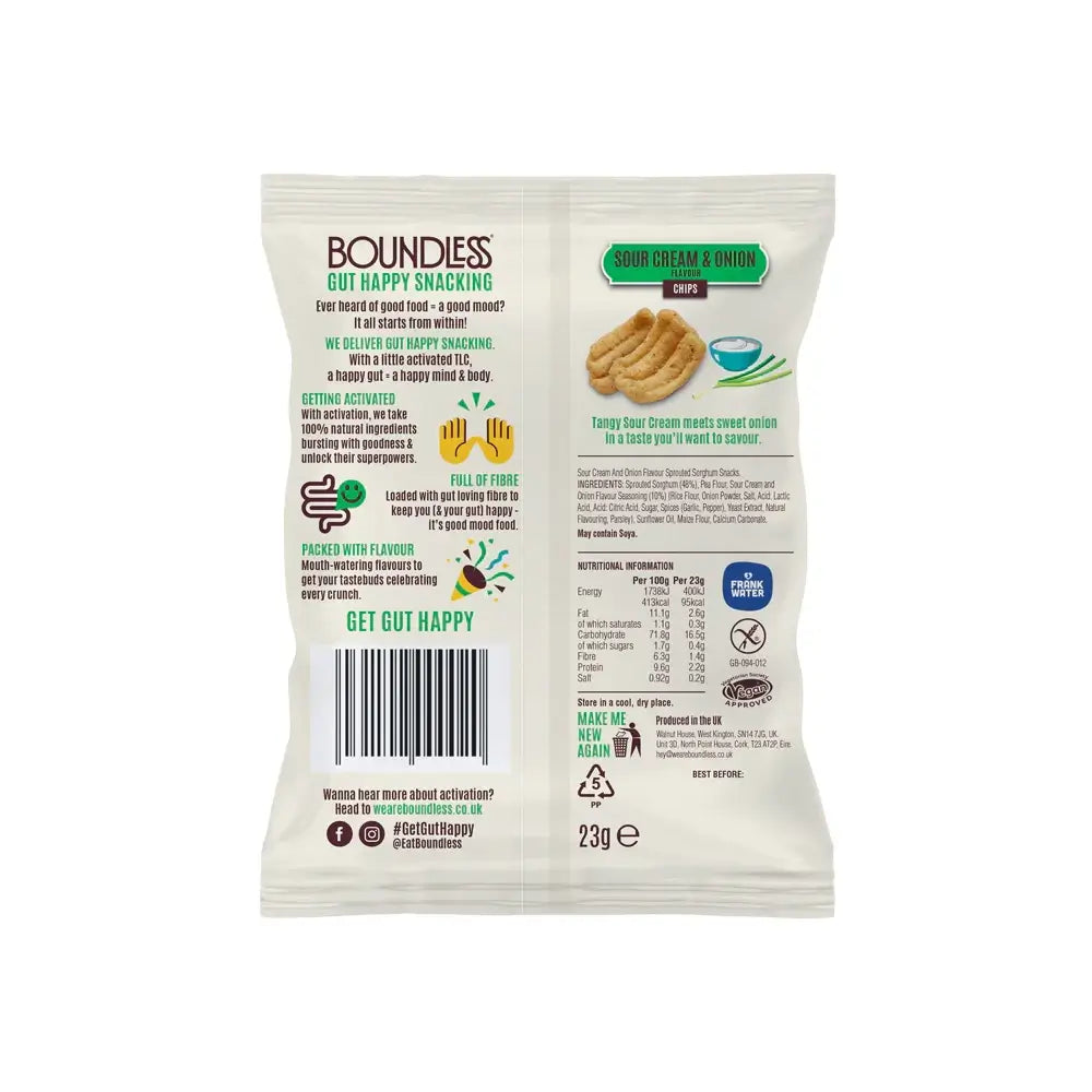 Boundless - Sour Cream & Onion Activated Chips 24 x 23g Back of packet