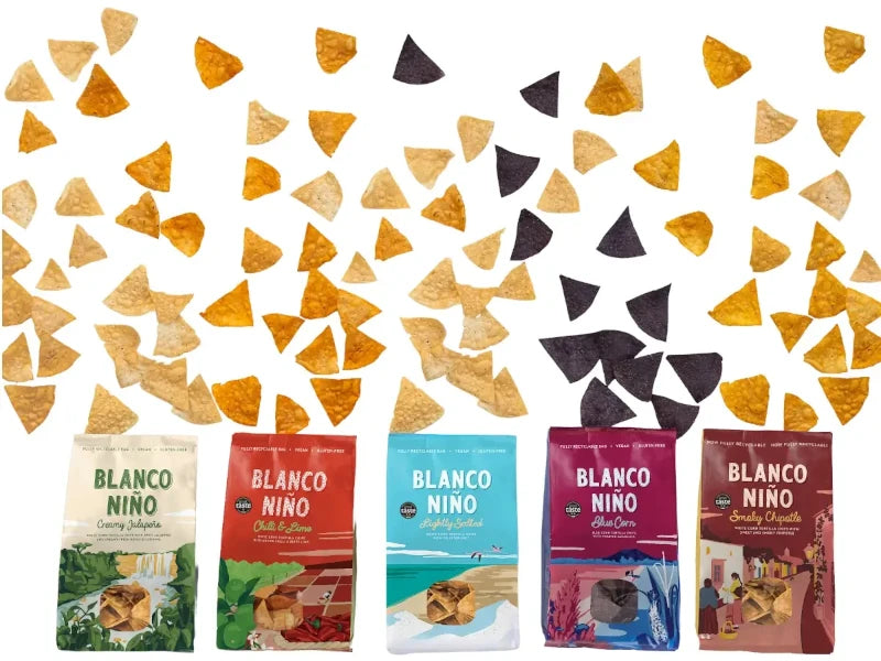Blanco Nino Tortilla Crisps, all 5 flavours with loose crisps at the top of the packets