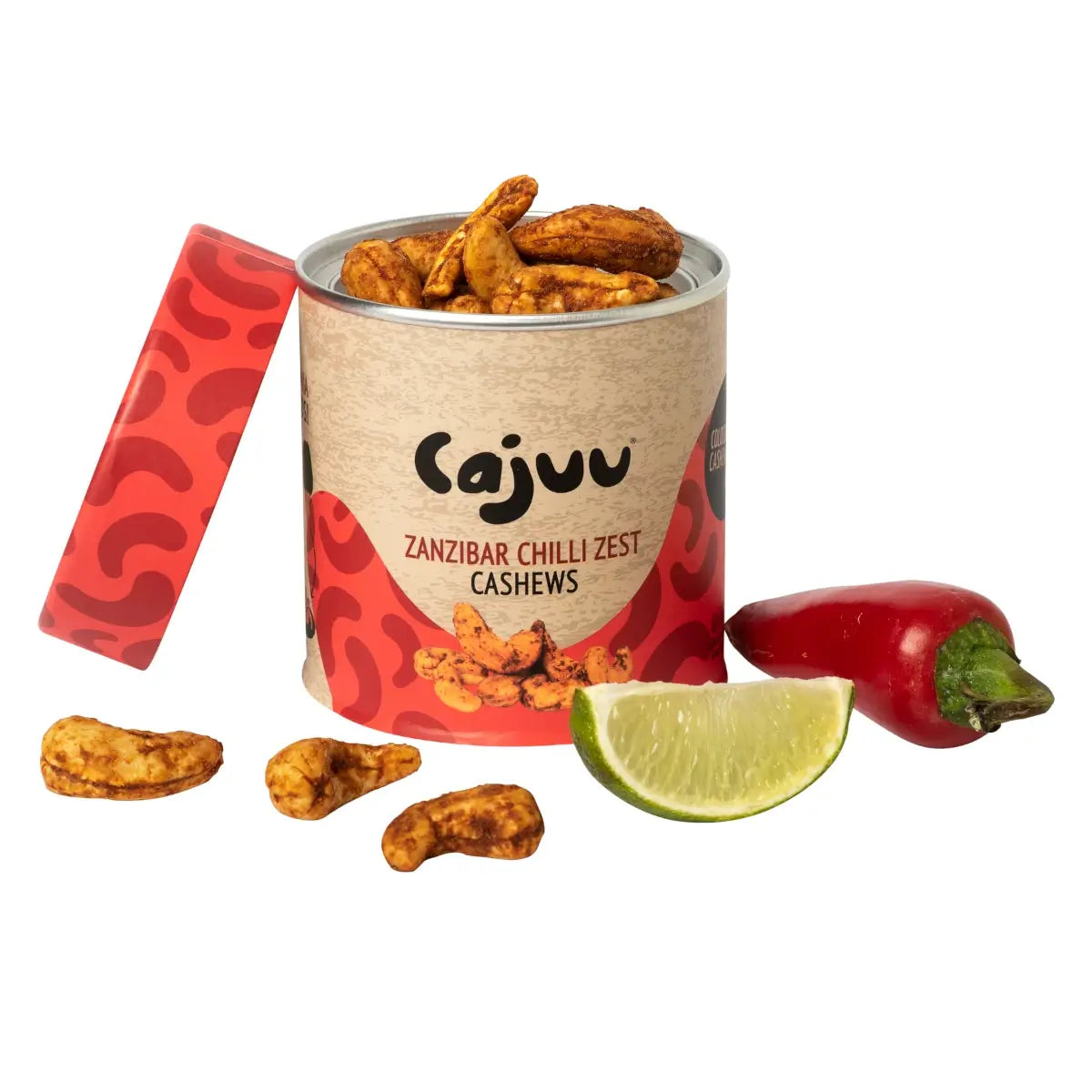 Cajuu Zanzibar Chilli Zest Cashew Tube 100g - Case of 6 Open