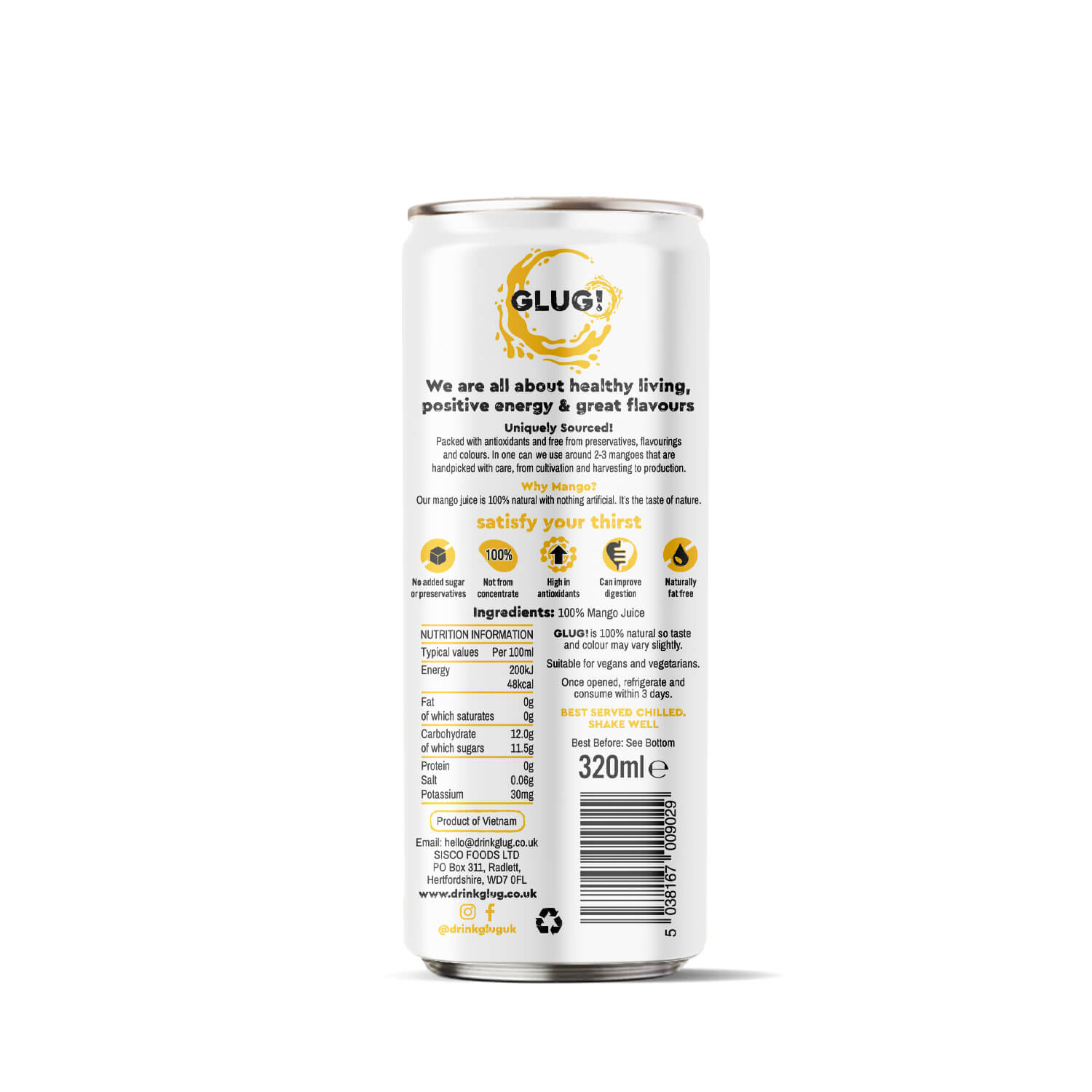 Glug! 100% Mango Juice 320ml Back of Can