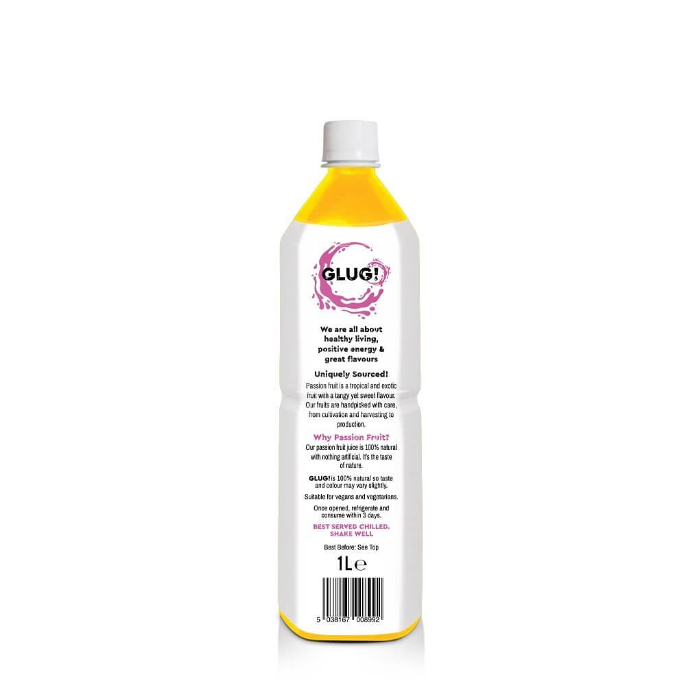 Glug! 100% Passion Fruit Juice 1L Back of Bottle
