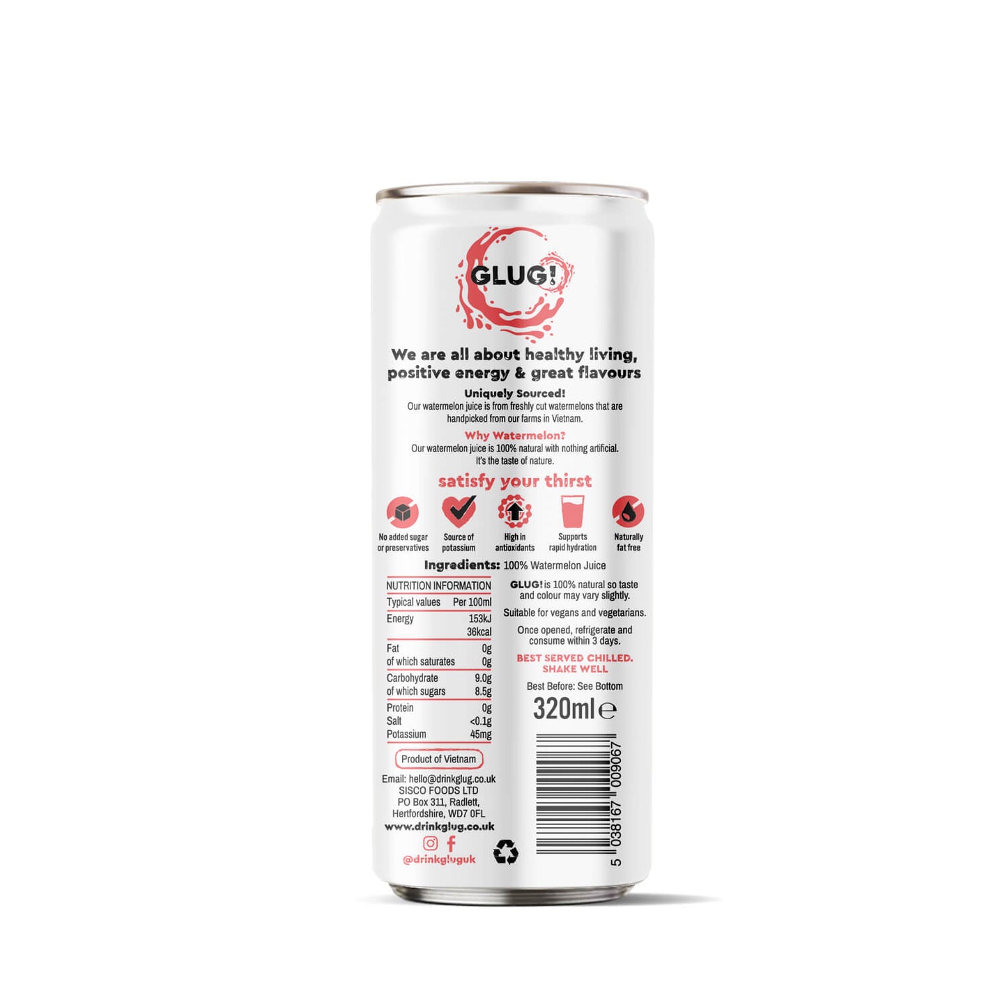 Glug! 100% Watermelon Juice 320ml Back of Can