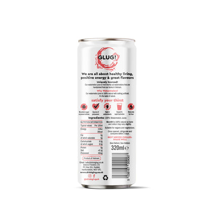 Glug! 100% Watermelon Juice 320ml Back of Can