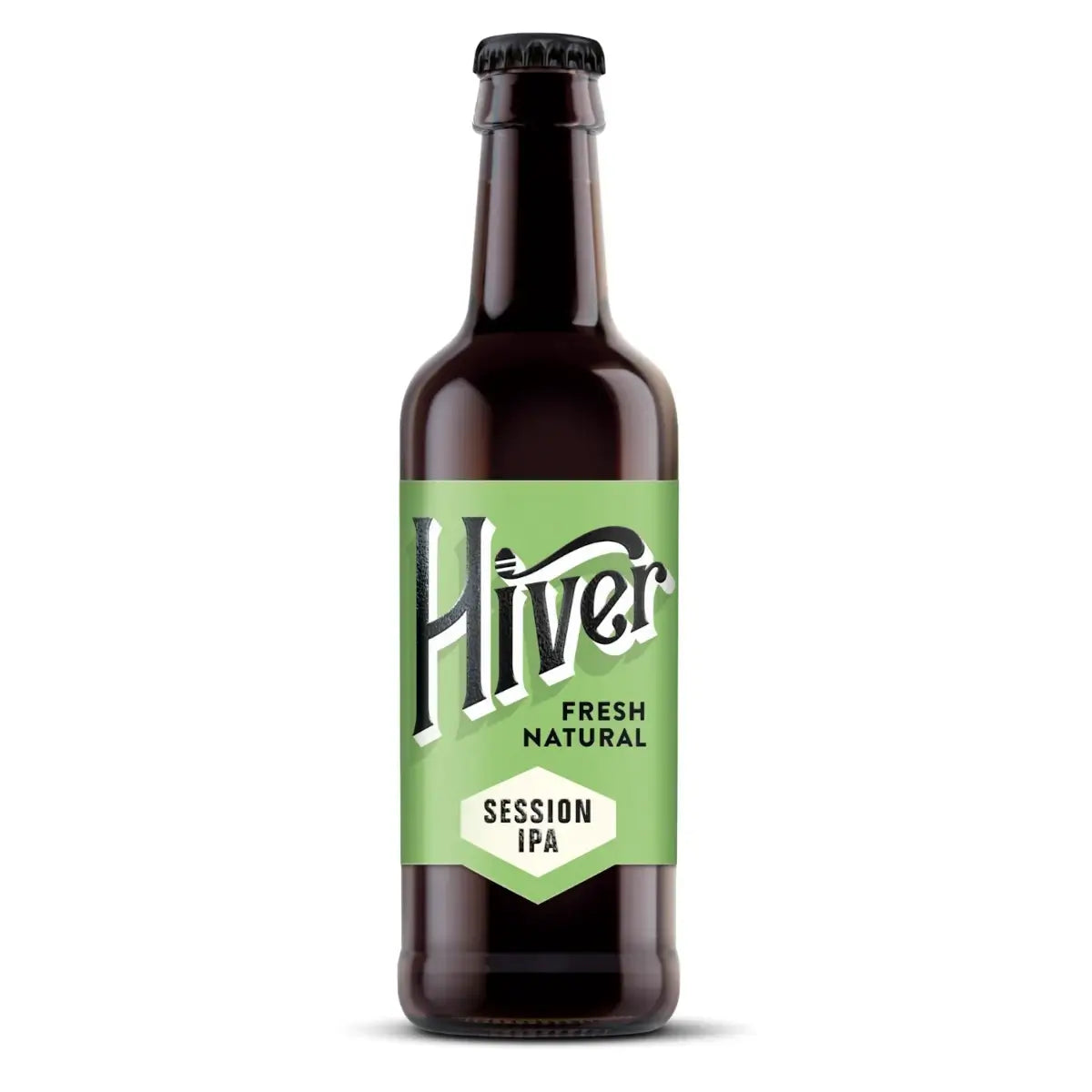 Bottle of Hiver Session IPA with a green label on a white background
