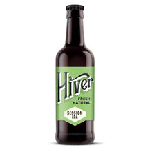 Bottle of Hiver Session IPA with a green label on a white background