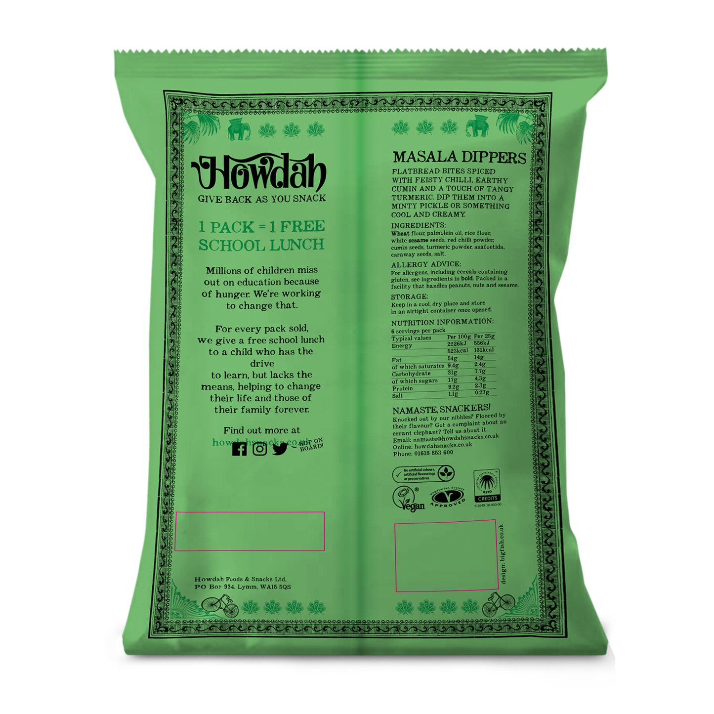 Howdah Snacks - Masala Dippers Snacks 6 x 150g Nutritional Info