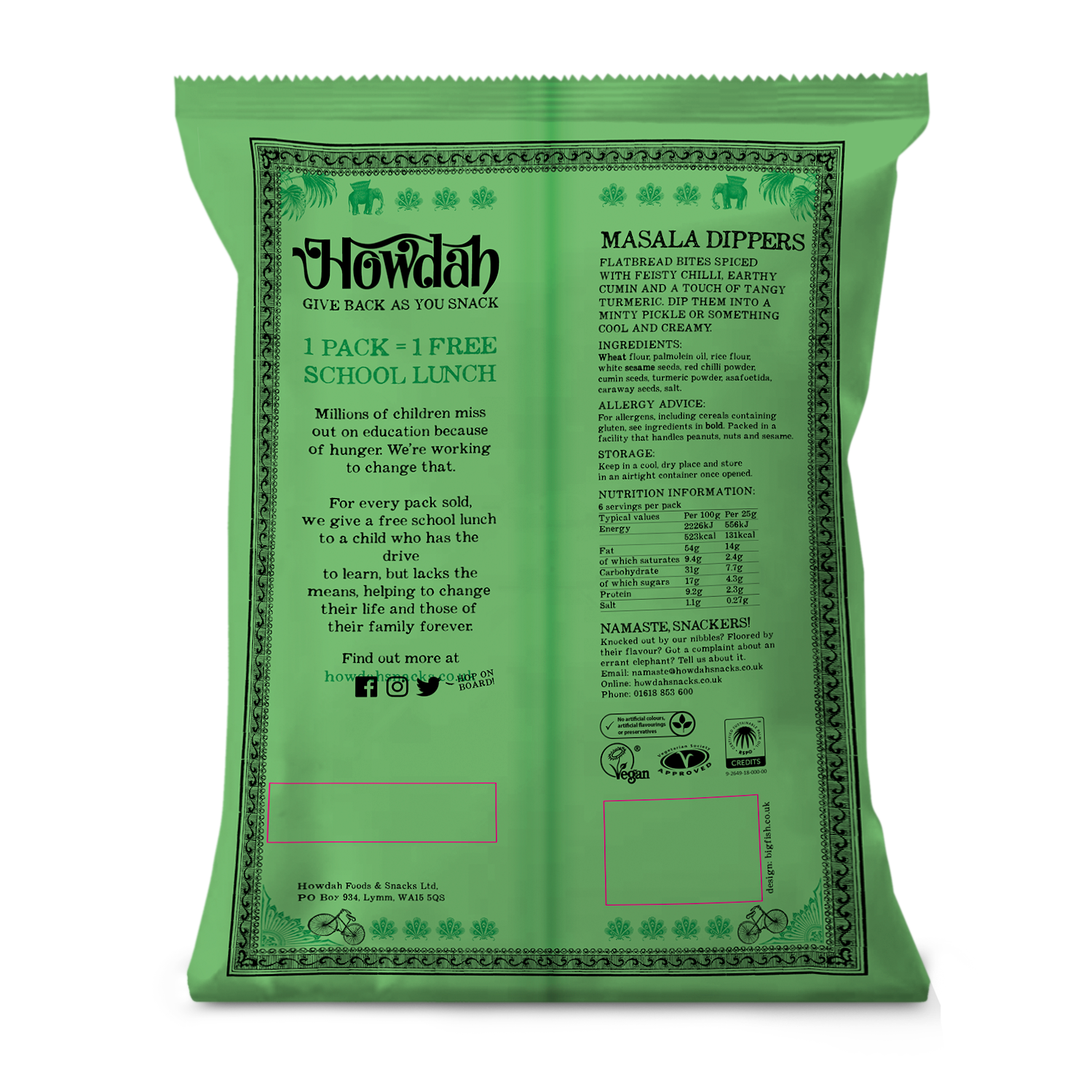 Howdah Snacks - Masala Dippers Snacks 6 x 150g Nutritional Info