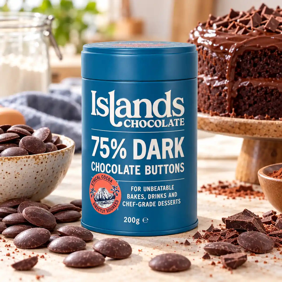 Islands Chocolate - 75% Dark Chocolate Buttons 200g Tin - Case of 6