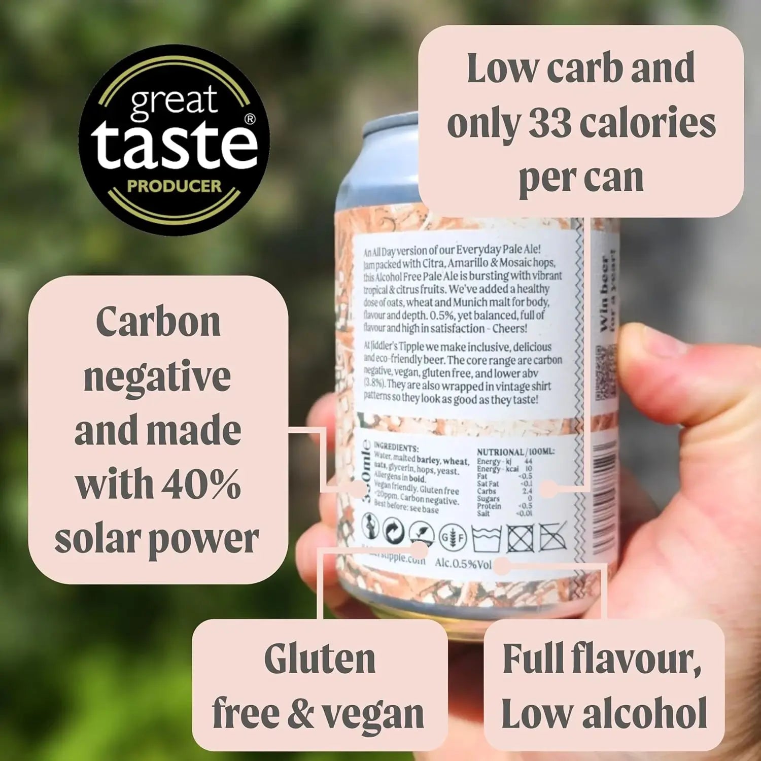 Jiddler's Tipple can held by a hand with text highlighting its features, including 'great taste producer' and nutritional information.