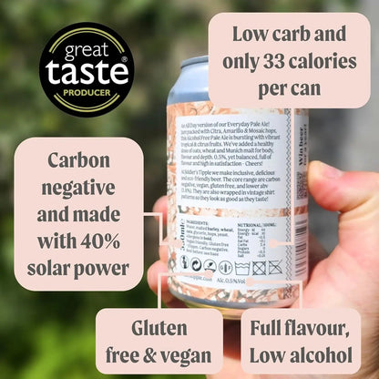 Jiddler's Tipple can held by a hand with text highlighting its features, including 'great taste producer' and nutritional information.