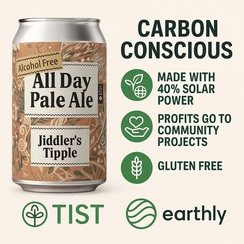 Jiddler's Tipple Alcohol-free wholesale beer with sustainability features on a beige background