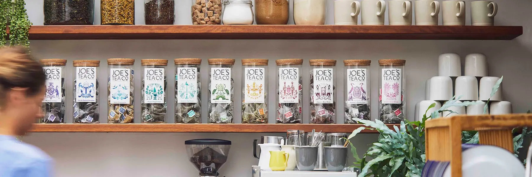 Joe's Tea Company Tea selection in jars in cafe