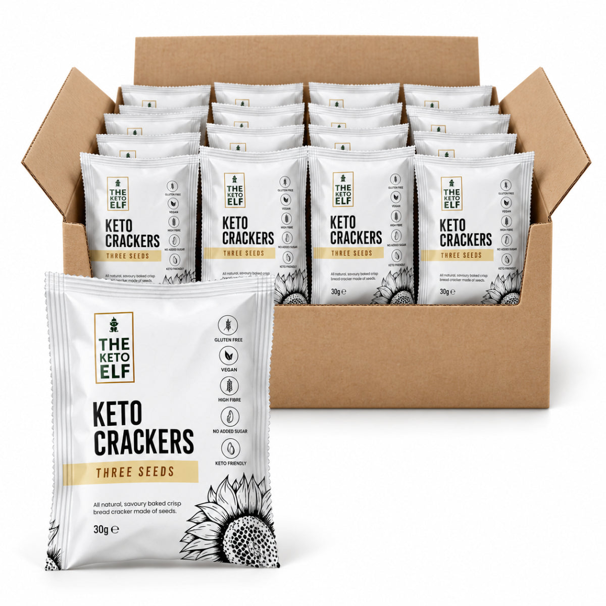 The Keto Elf Three Seeds Keto Crackers 30g - Case of 20
