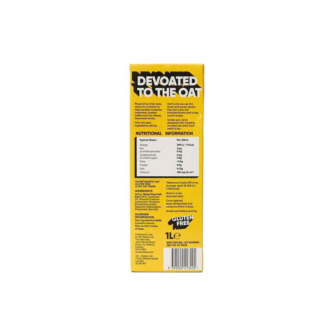 Oatier Barista Oat Milk Gluten Free 1L Back