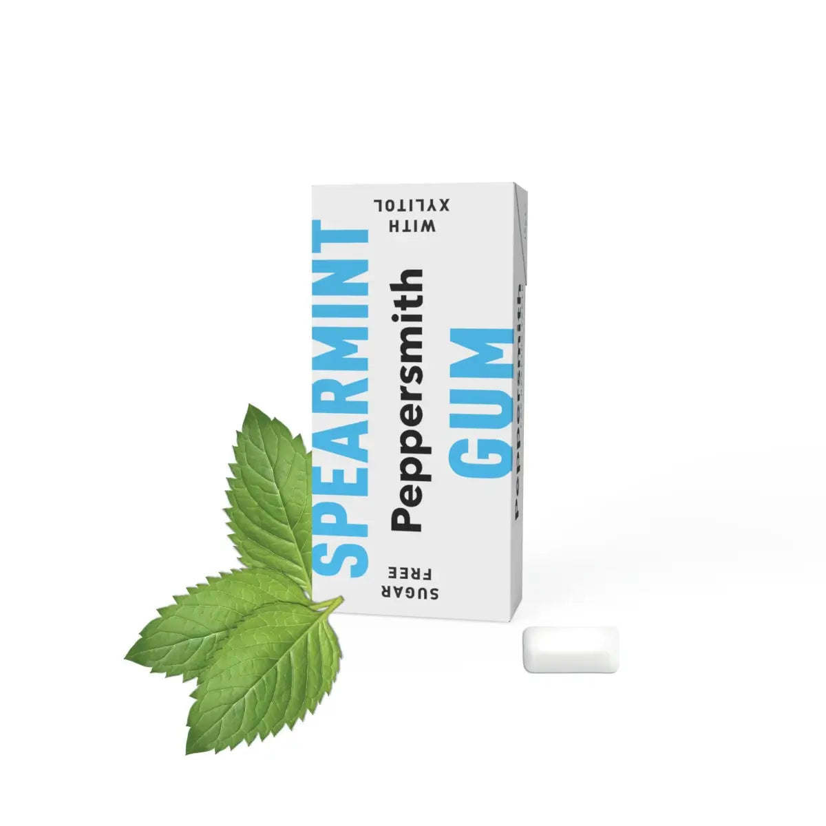 Peppersmith - Vegan Spearmint Gum 15g with a piece of spearmint