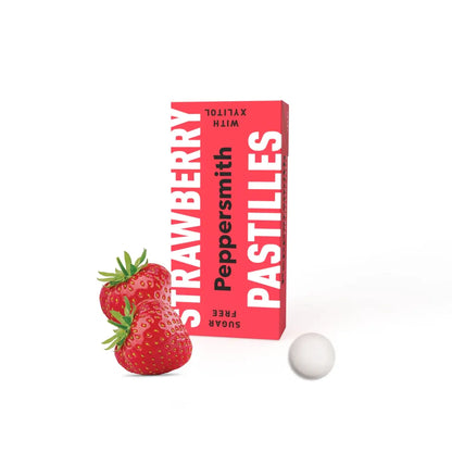 Peppersmith - Vegan Stawberry Dental Pastilles 15g with 2 strawberries and a single pastille