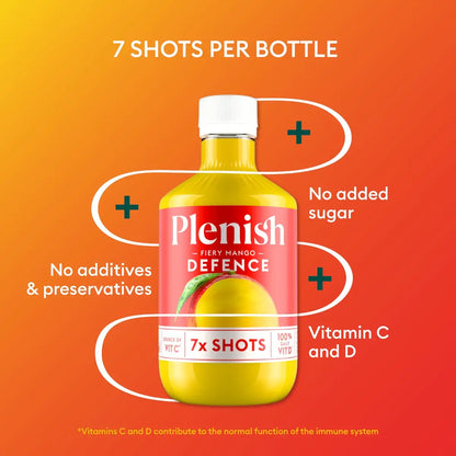Plenish Defence bottle with nutritional information on an orange background