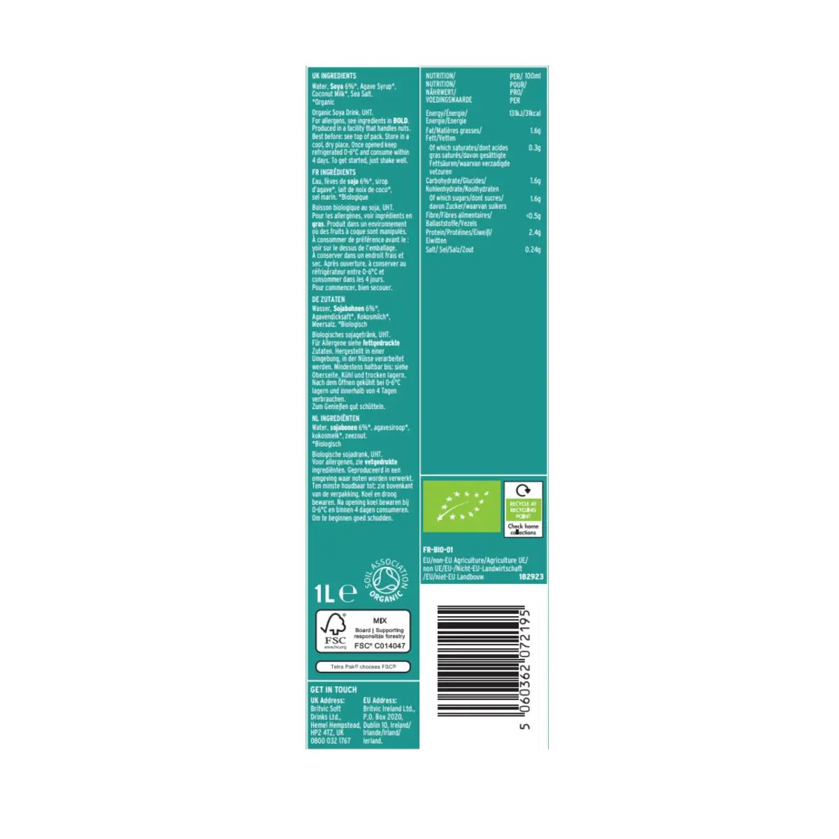 Plenish - Organic Soya Barista Milk 6 x 1L Back