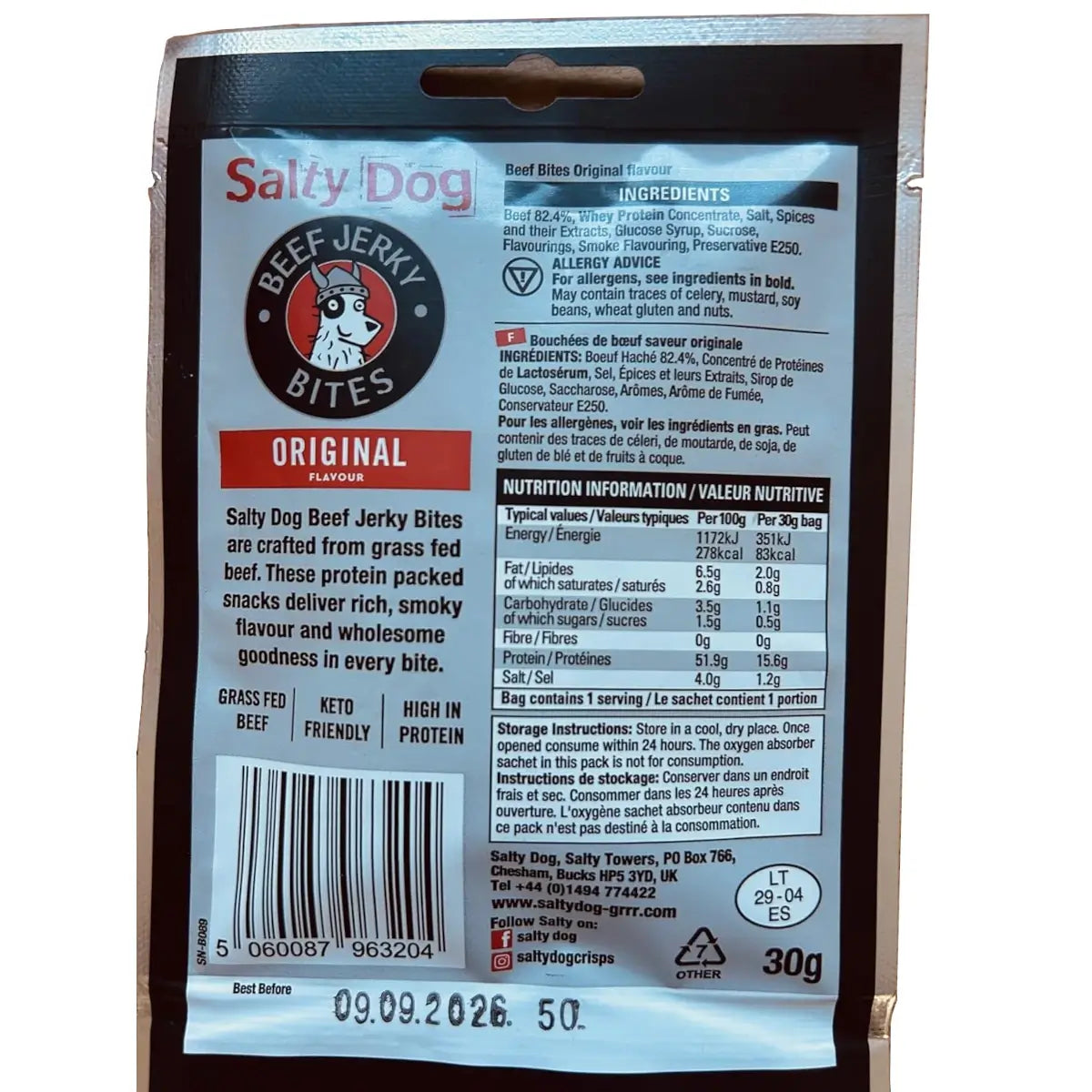 Salty Dog Beef Jerky 30g Back of pack