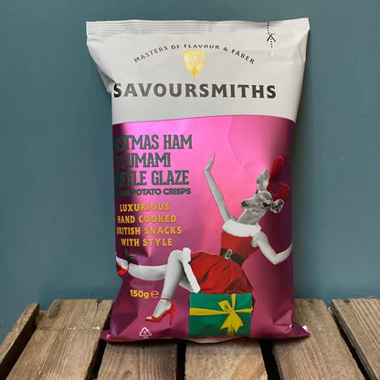 Savoursmiths  - Christmas Ham with Truffle Glaze Luxury Potato Crisps 24 x 40g on a wooden pallet