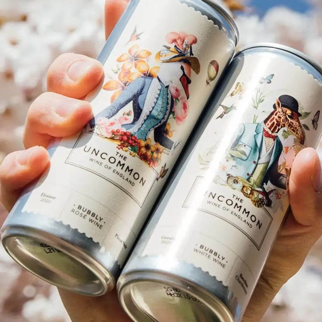 Two cans of 'The Uncommon Wine of England' held by a hand with a blurred background.