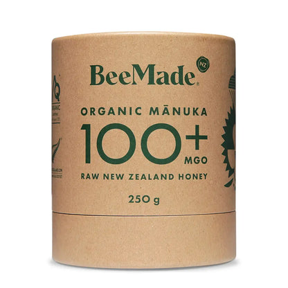 BeeMade - Organic Mànuka Honey MGO 100+ 250g cardboard tube packaging