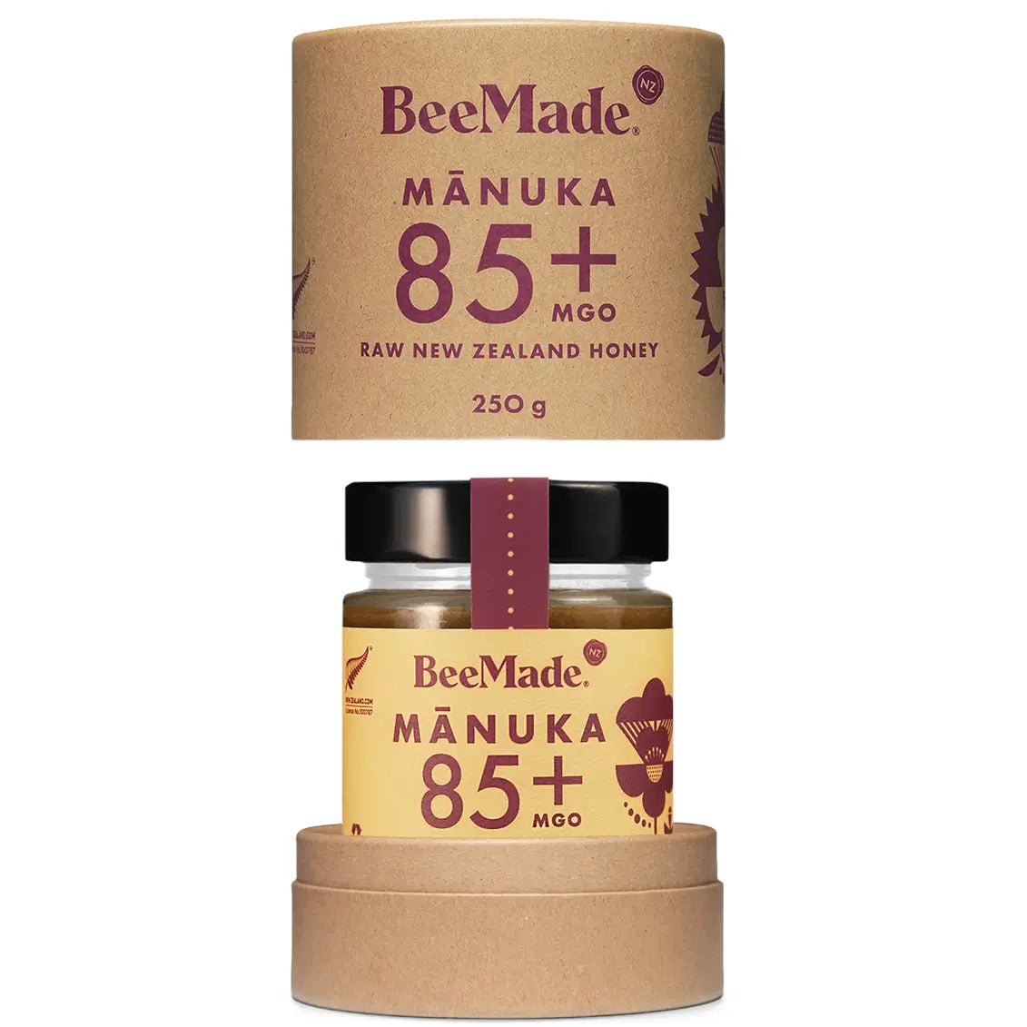 BeeMade - Harvest Mànuka Honey MGO 85+ 250g inside cardboard tube packaging
