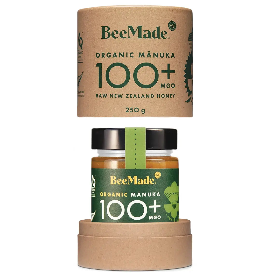 BeeMade - Organic Mànuka Honey MGO 100+ 250g inside cardboard tube packaging