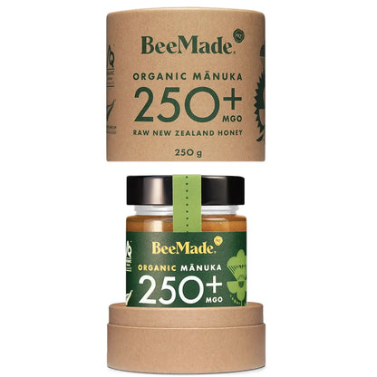 BeeMade - Organic Mànuka Honey MGO 250+ 250g inside cardboard tube packaging