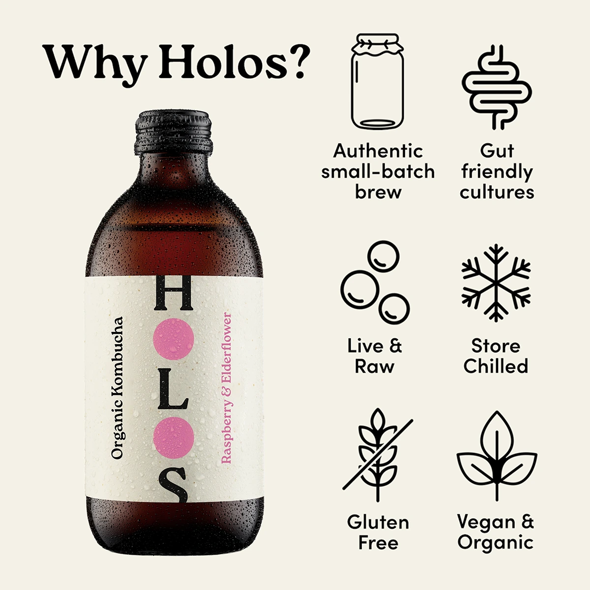 Holos Raspberry & Elderflower Organic Kombucha 330ml - Case of 12