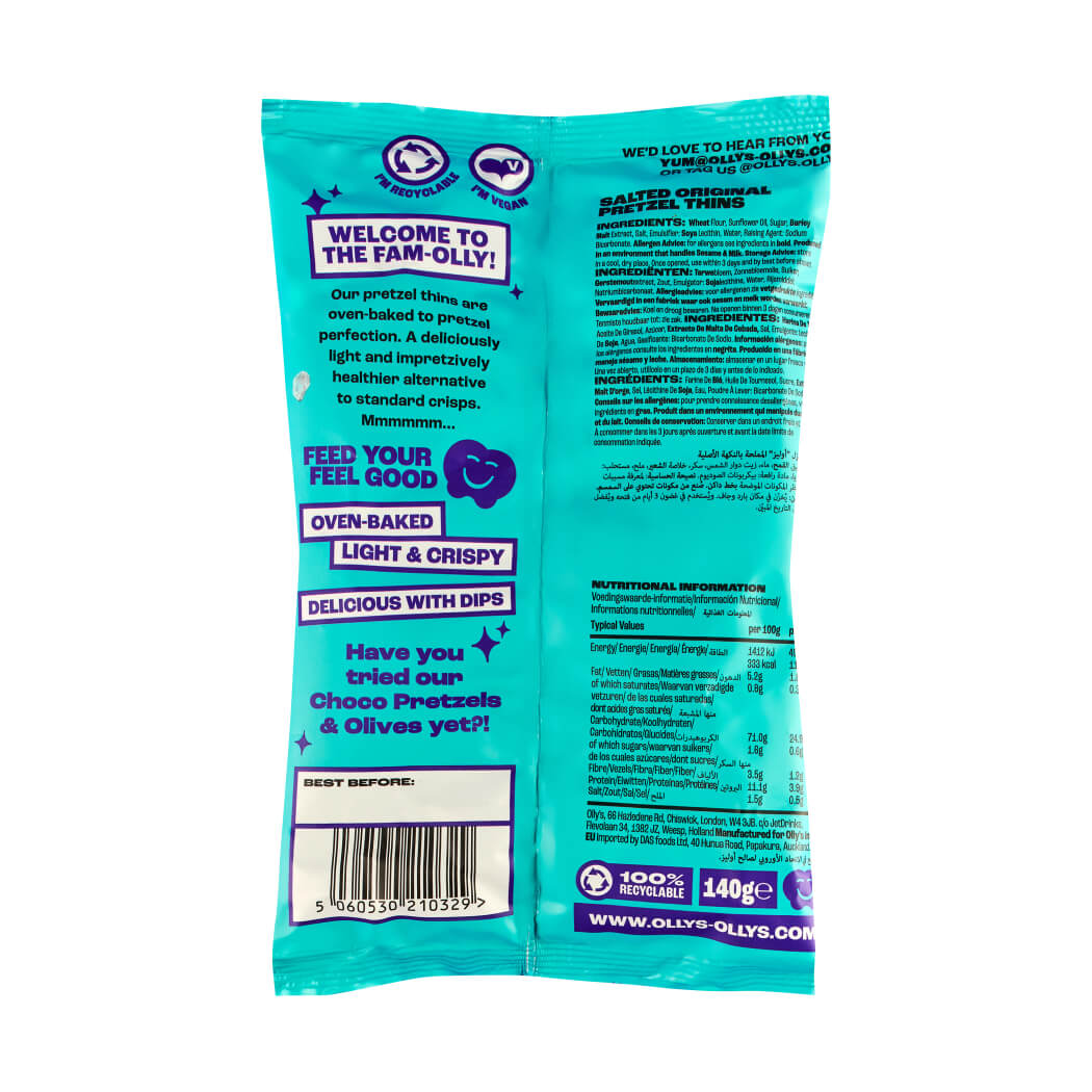 Olly's Wholesale - Original Salted Pretzel Thins 140g Back of Bag