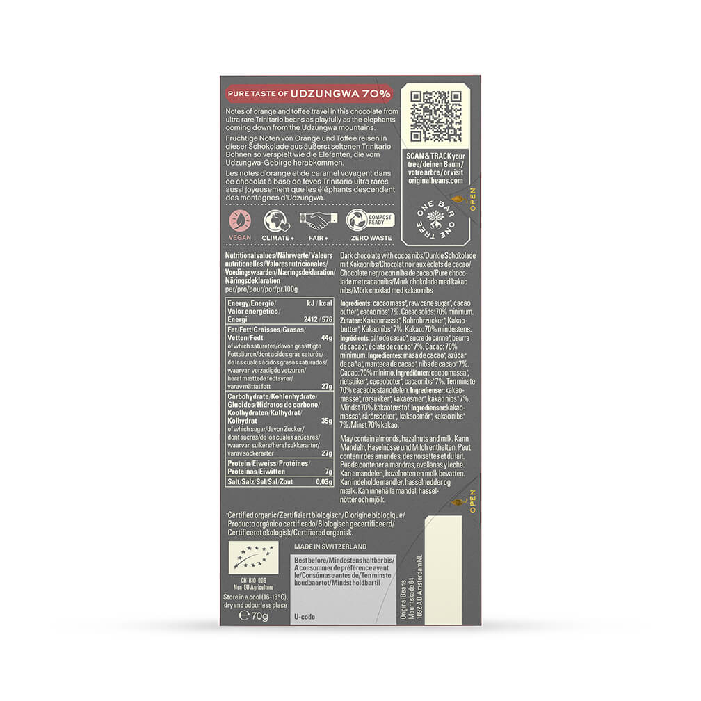 Original Beans Wholesale - Udzungwa Chocolate Bar 70% 13 x 70g Back of Bar