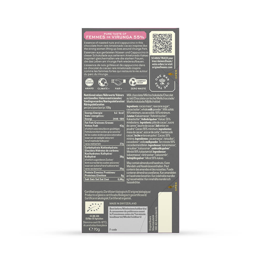Original Beans Wholesale - Virunga Chocolate Bar 55% 13 x 70g Back of Bag